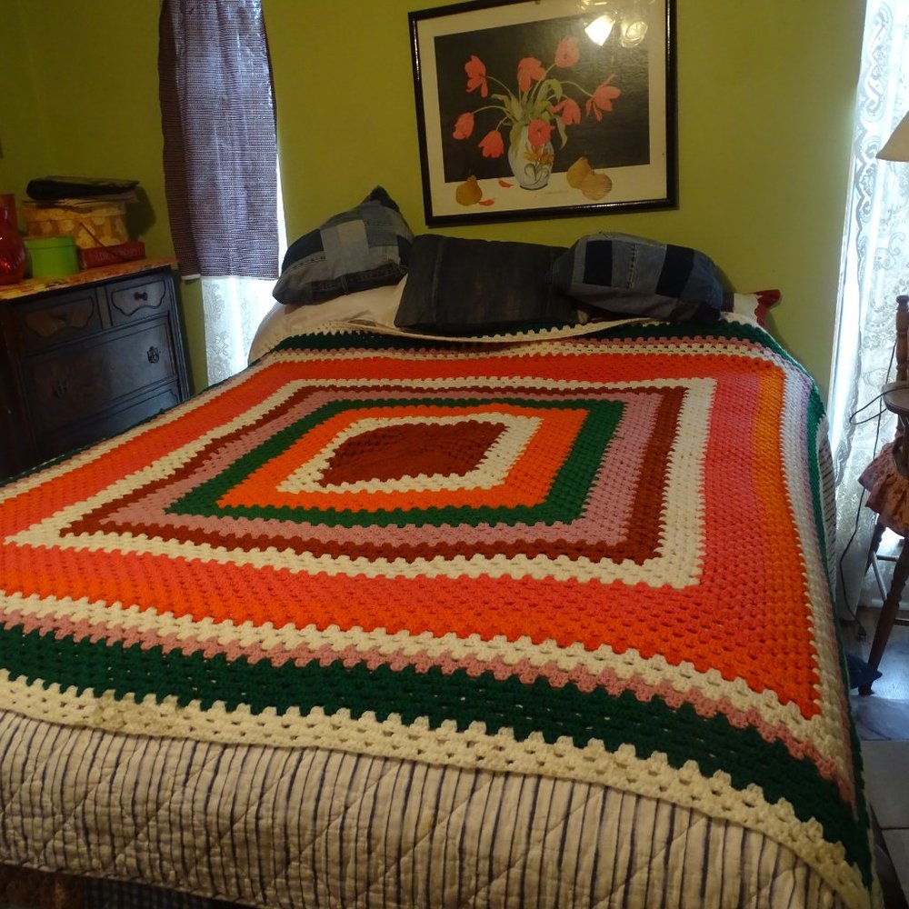Afghan, crocheted, multi-colored, s 68" x 66", hand made